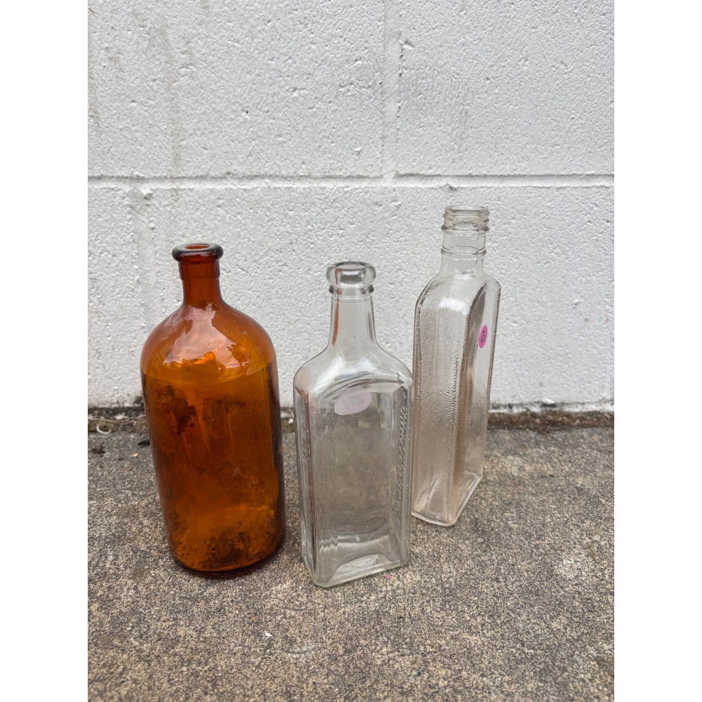 Vintage Glass Bottle Lot Amber Clorox Foley & Co Apothecary Clear Textured Decor